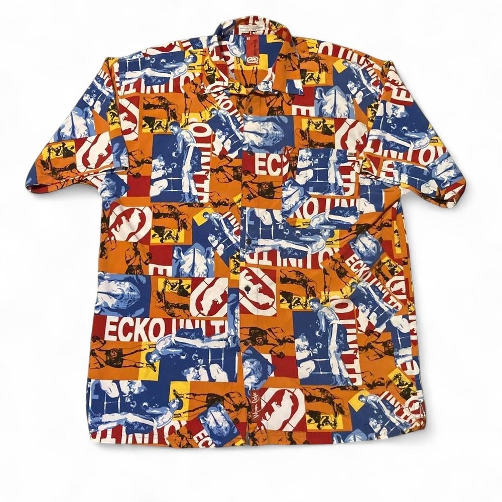 Rare 2000‎ Marc Ecko All over collage print button shirt vtg Korea XL/25